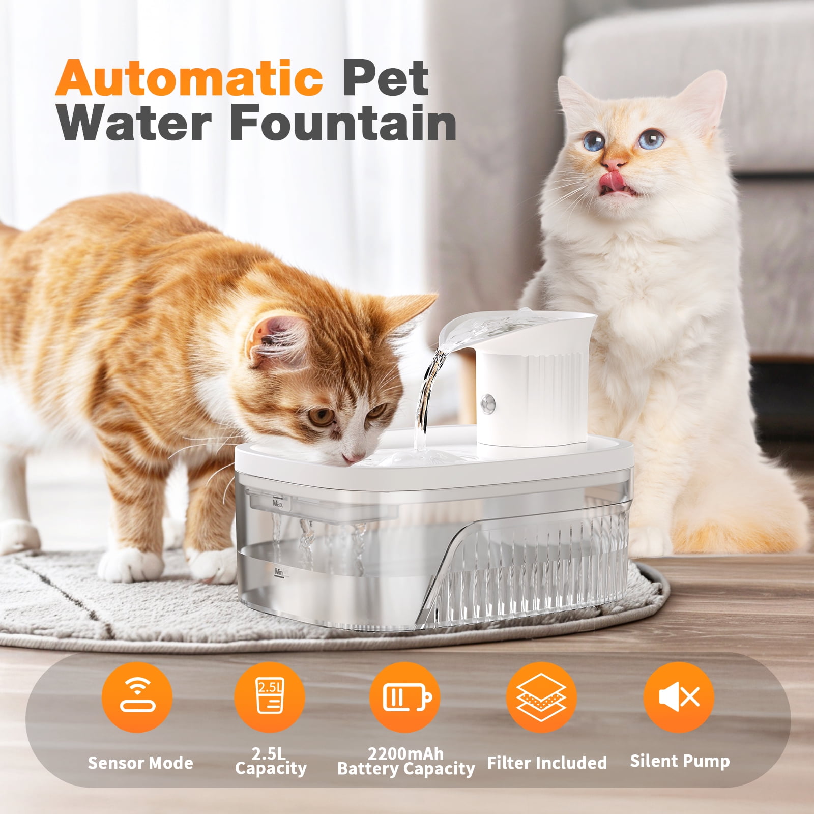 PcEoTllar Cat Water Fountain Battery Operated, 84OZ/2.5L Wireless Pet Water Fountain for Cats, Cat Fountain with Motion Sensor, Ultra Quiet Pump, White