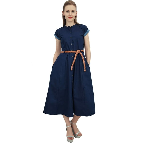 Bimba Navy Blue Women's Denim Solid Mid Calf A-Line Dress With Tie Waist Dori - 4