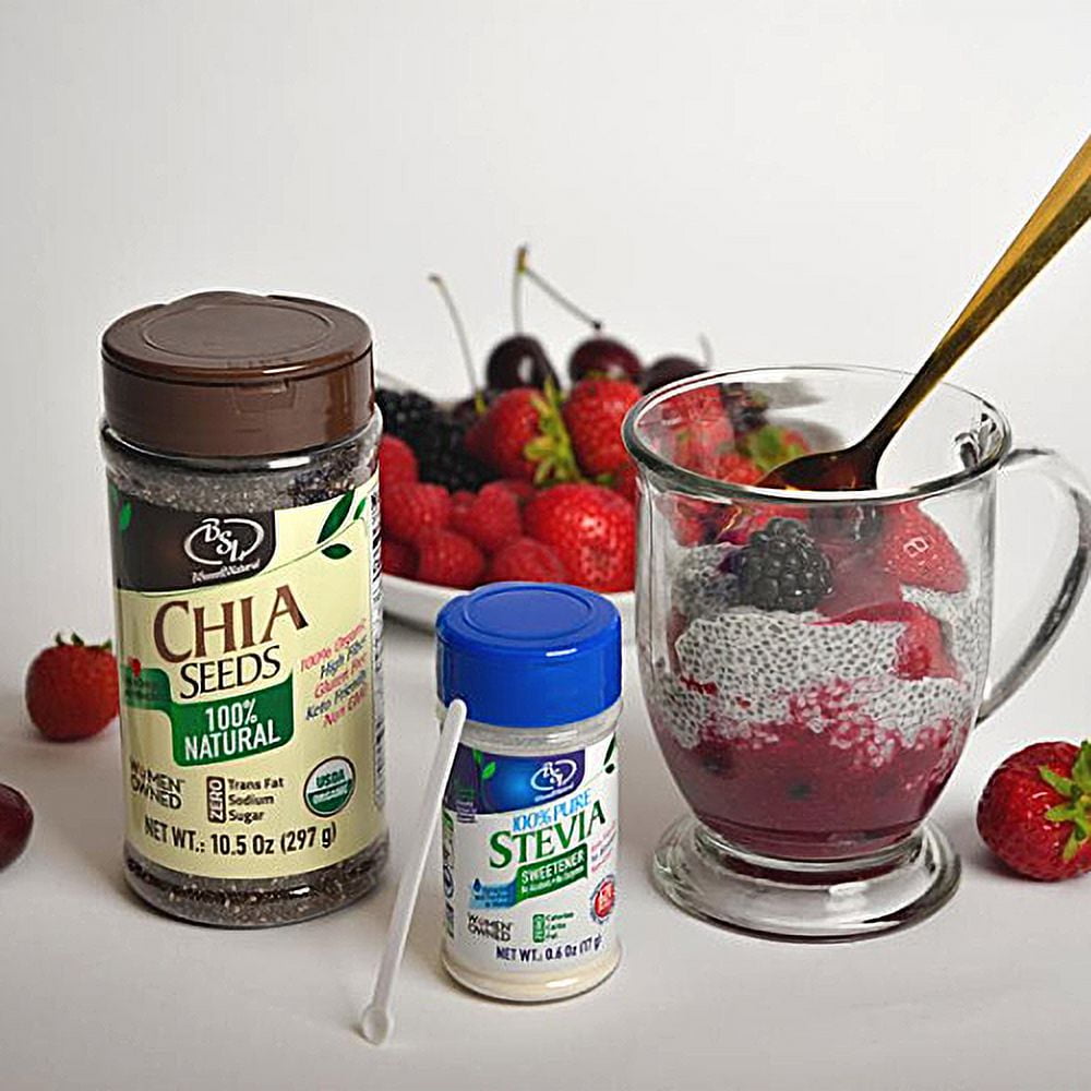 Organic Chia Seeds &  Stevia Leaf Extract Powder, Whole Seeds, Promo Pack (2 × 0.6 oz Stevia + 10.5 oz Chia )