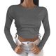 thumbnail image 1 of Gibobby Camisa&nbsp;Vaquera Camiseta umbilical corta de manga larga con cuello redondo y cordón Camiseta de mujer de color sólido a la moda（Gris， M), 1 of 3