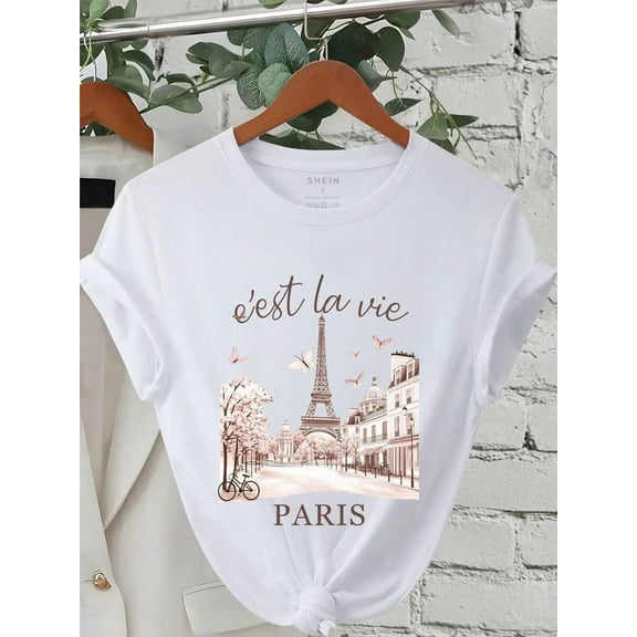 Paris Eiffel Tower Print Short Sleeve T-Shirt, Casual Summer