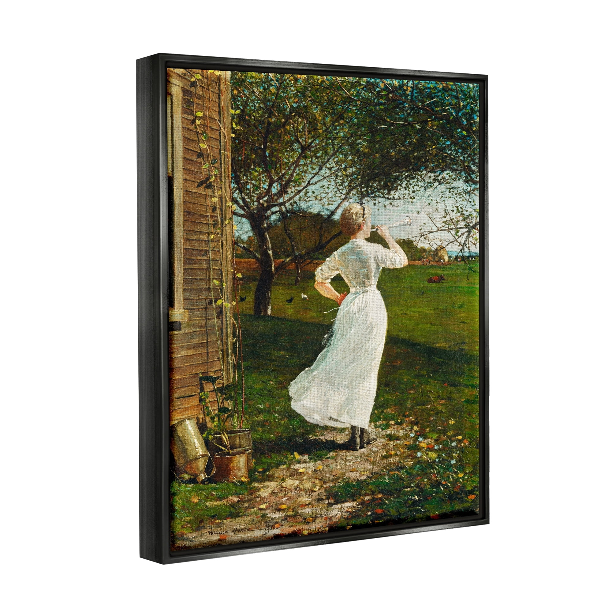 Stupell Industries Classic Woman Instrument Rural Vintage House Painting Painting Luster Gray Floating Framed Canvas Print Wall Art, Design by Lettered and Lined