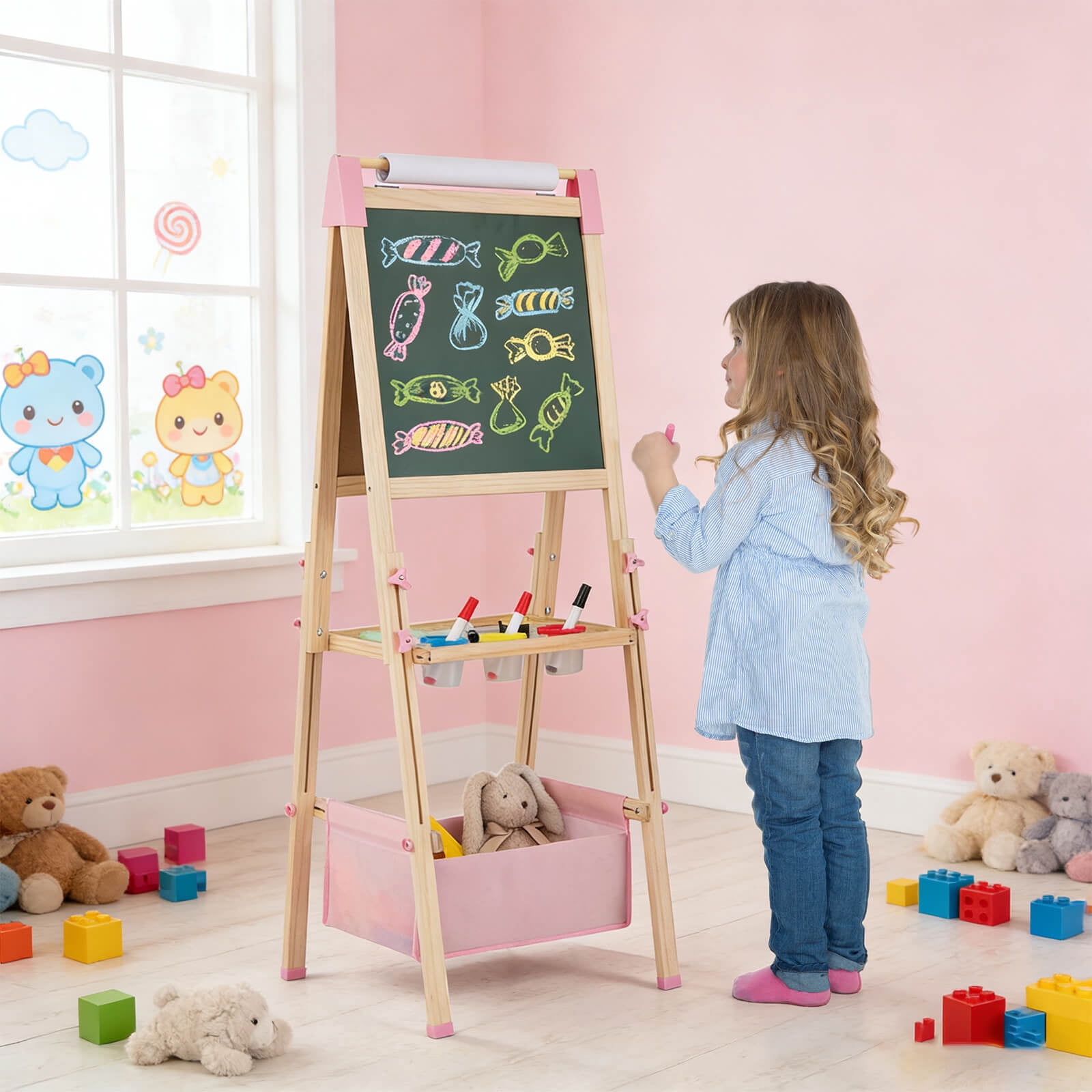 Costway 3-in-1 Kids Art Easel Double-Sided Wooden Adjustable Magnetic Drawing Board Pink