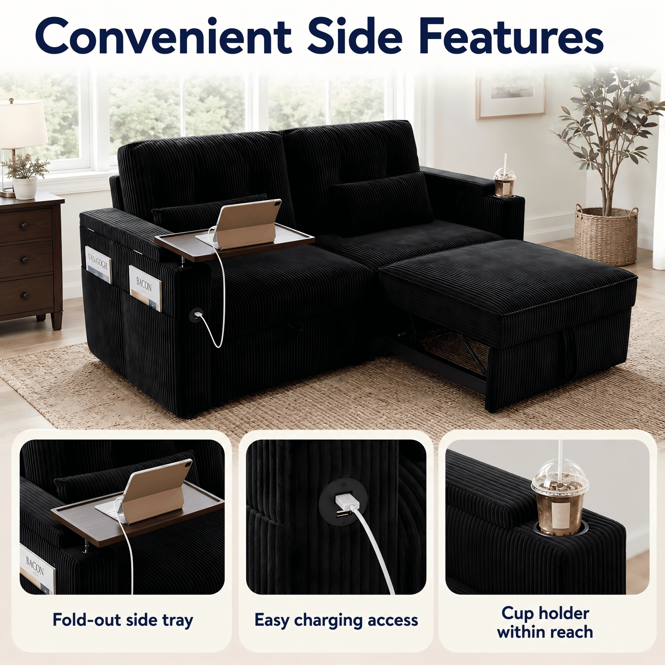 Aenkyo 73" Pull Out Sofa Bed, 3-in-1 Queen Sleeper Sofa with USB, Cup Holders and Storage, Black