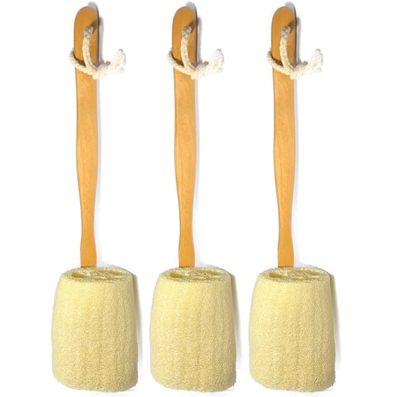 Paquete de 3 cepillos de baño exfoliantes naturales de lufa luffa en un palo – con mango largo de madera para hombres y mujeres – esponja de ducha para el cuerpo