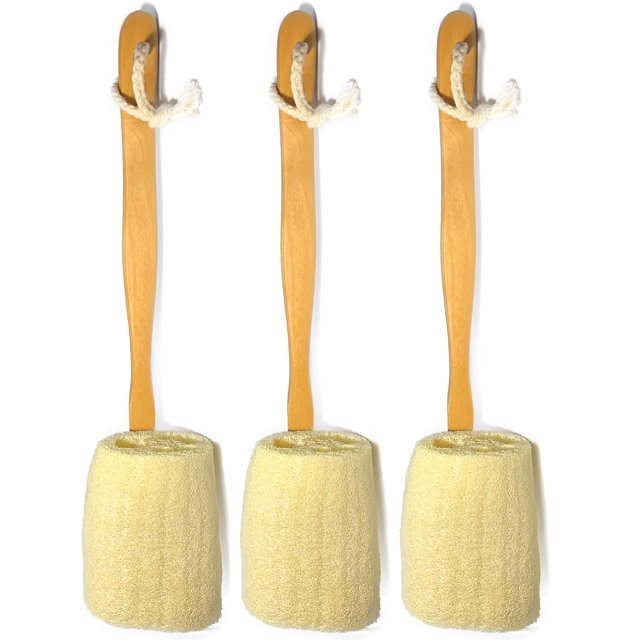 Paquete de 3 cepillos de baño exfoliantes naturales de lufa luffa en un palo – con mango largo de madera para hombres y mujeres – esponja de ducha para el cuerpo
