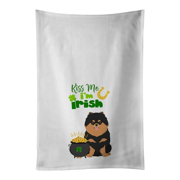 Black and Tan Pomeranian St. Patrick's Day White Kitchen Towel Set of 2 Dish Towels 19 in x 28 in