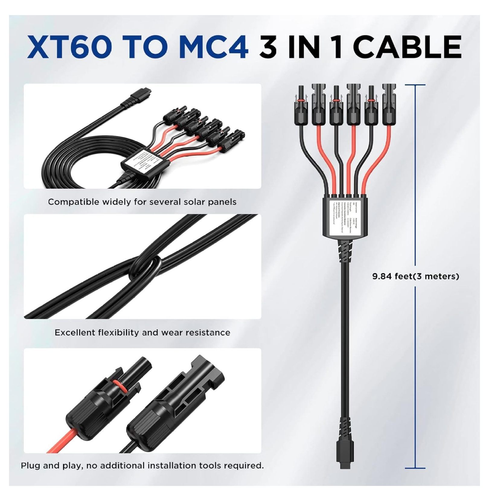 XylehR XT60 to MC-4 3-in-1 Connectors Y Branch Parallel Adapter Cable for Solarpowa 200 and Solarpowa400 Solar Panel, Fast CellPowa 2500 Power Station, IP67 Waterproof, 9.84ft