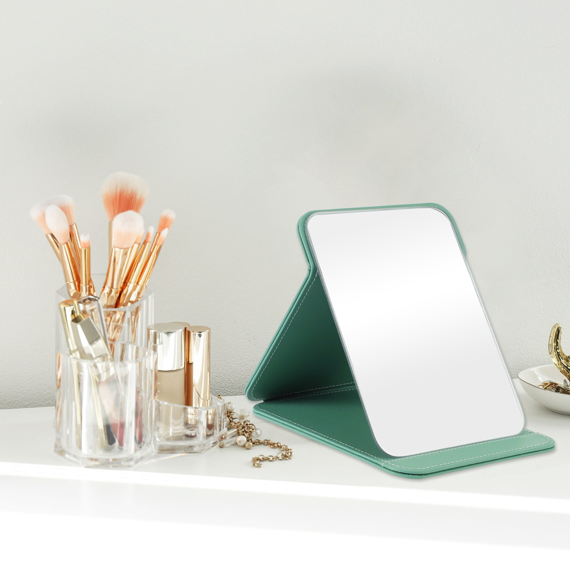 Unique Bargains 1pc Foldable Makeup Mirror for Travel and Vacation Green Large