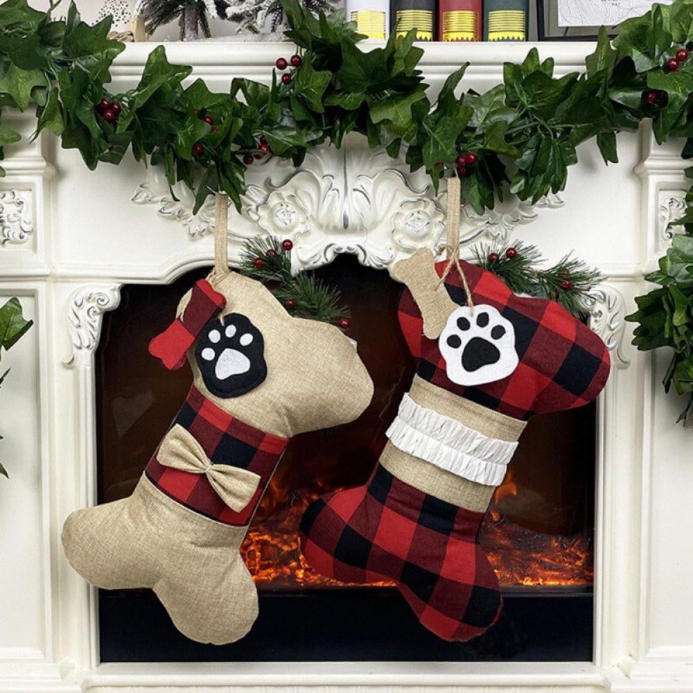 Chandy Beige Bow Buffalo Plaid Dog Bone Christmas Stocking Pets Christmas Ornament 