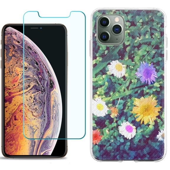 For Apple iPhone 11 Pro Case , Slim-Fit TPU Protective Phone Case with Tempered Glass Screen Protector, by OneToughShield ® - Daisy Paint