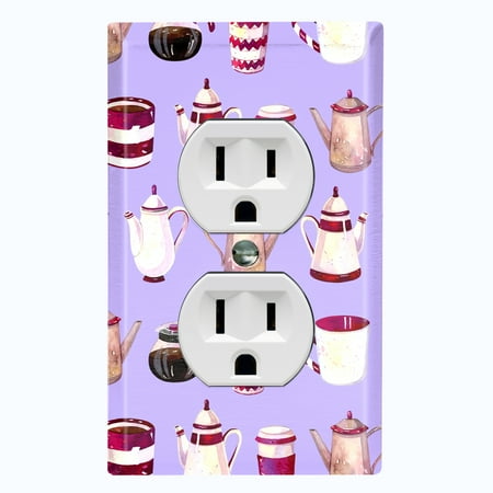 

Metal Light Switch Wall Plate Outlet Cover (Coffee Mocha Espresso Tea Pot Kettle Maker Festive Cup Purple Pattern - Single Duplex)
