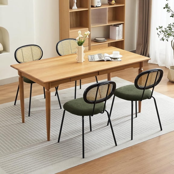 Rattan Dining Chairs Set of 4, Mid Century Dining Room Chairs with Metal Legs, Modern Velvet Upholstered, Mesh Back Cane Kitchen Chair for Dining Room, Kitchen, Living Room, Green