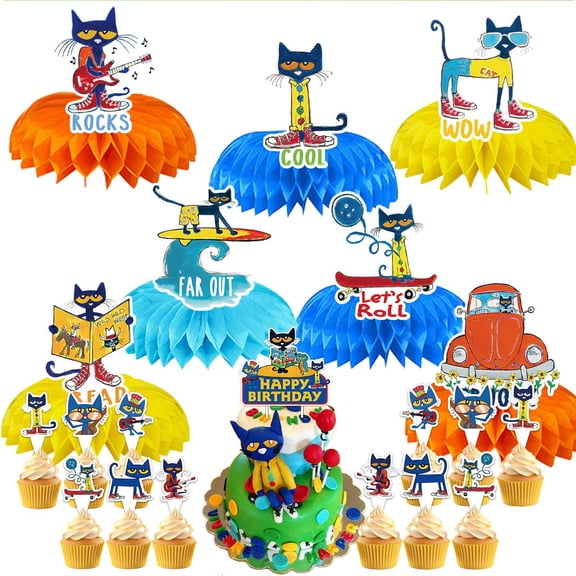 Pete the Cat Party Decor Supplies Honeycomb Centerpieces Table Toppers Cake Toppers Decorations for Birthday