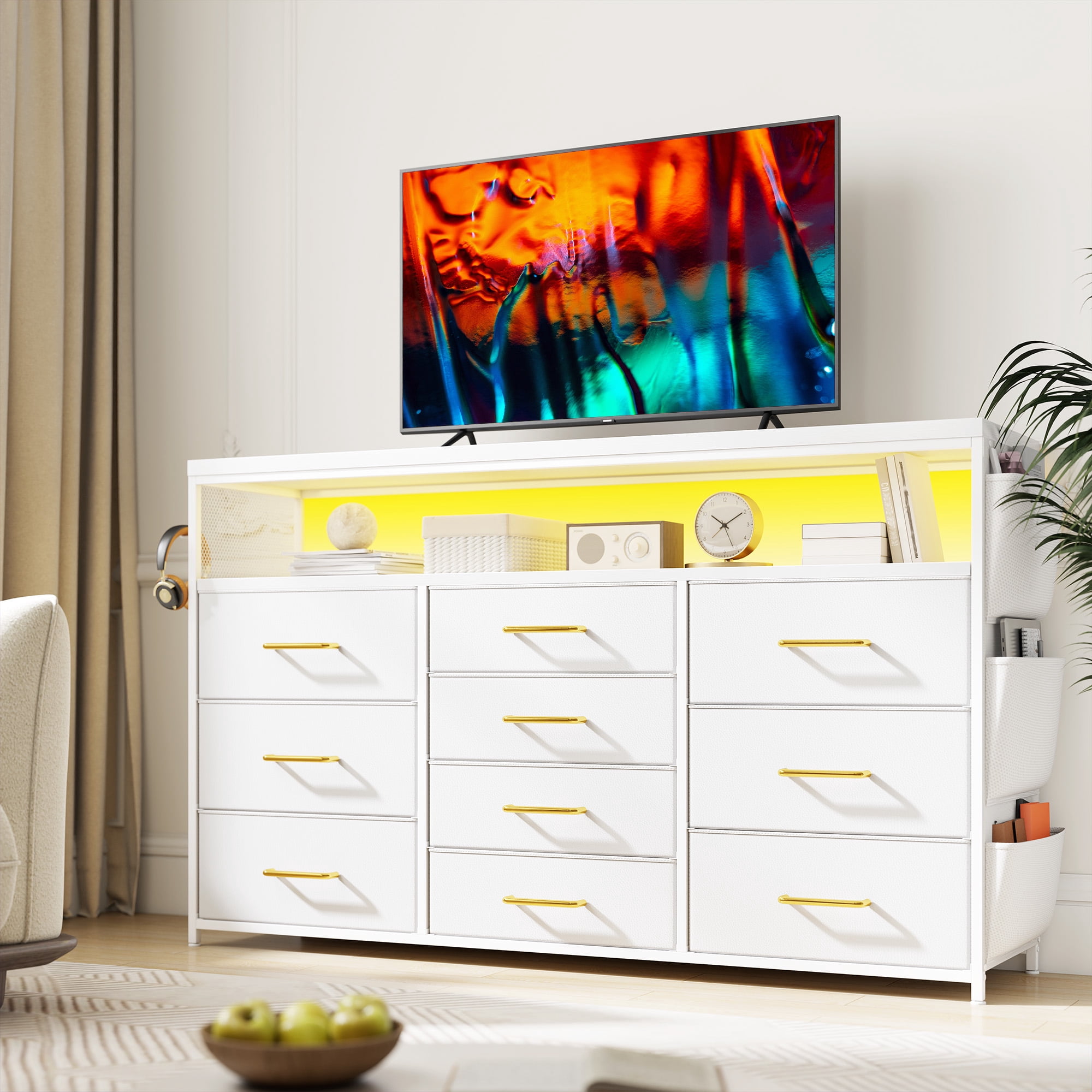 Romorgniz 10 Drawer Dresser,White Dressers for Bedroom TV Stand with Power Outlets & LED Lights & Entertainment Center,Chest of Drawers with Shelves & Side Pockets & Hook Fabric