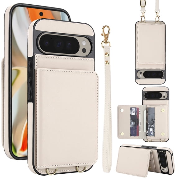 Wallet Case for Google Pixel 9 / 9 Pro, with Wrist Strap and Shoulder Strap, RFID Blocking Card Slots, Classic Kickstand Magnetic Flip PU Leather Phone Cover for Google Pixel 9 / 9 Pro, White