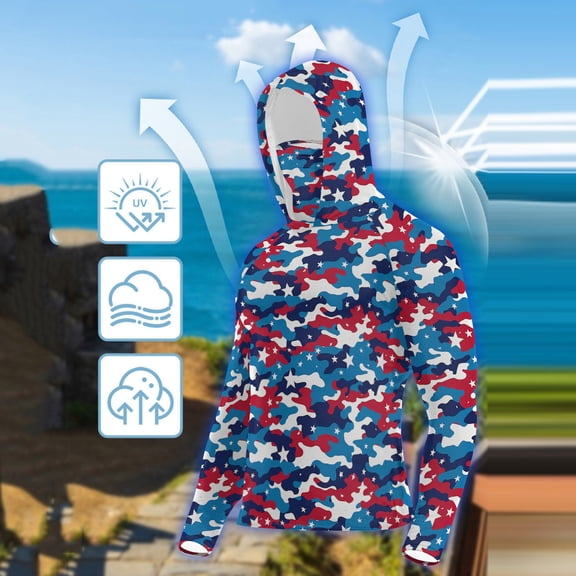 PiGOGI Women's Sun Protection Shirts UV SPF UPF 50  Hooded Mask Camouflage Long Sleeve Outdoor Athletic Top Moisture Wicking Multicolor XL