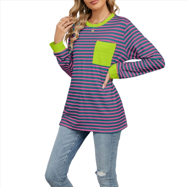 Camisas de Larga para Mujer, Cuello Redondo A Rayas, Corte Holgado, Camiseta de Bloques de Color Otoño 2025 con Bolsillo Tiras de Color Verde Rosa XL