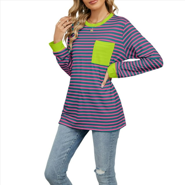 Camisas de Larga para Mujer, Cuello Redondo A Rayas, Corte Holgado, Camiseta de Bloques de Color Otoño 2025 con Bolsillo Tiras de Color Verde Rosa M