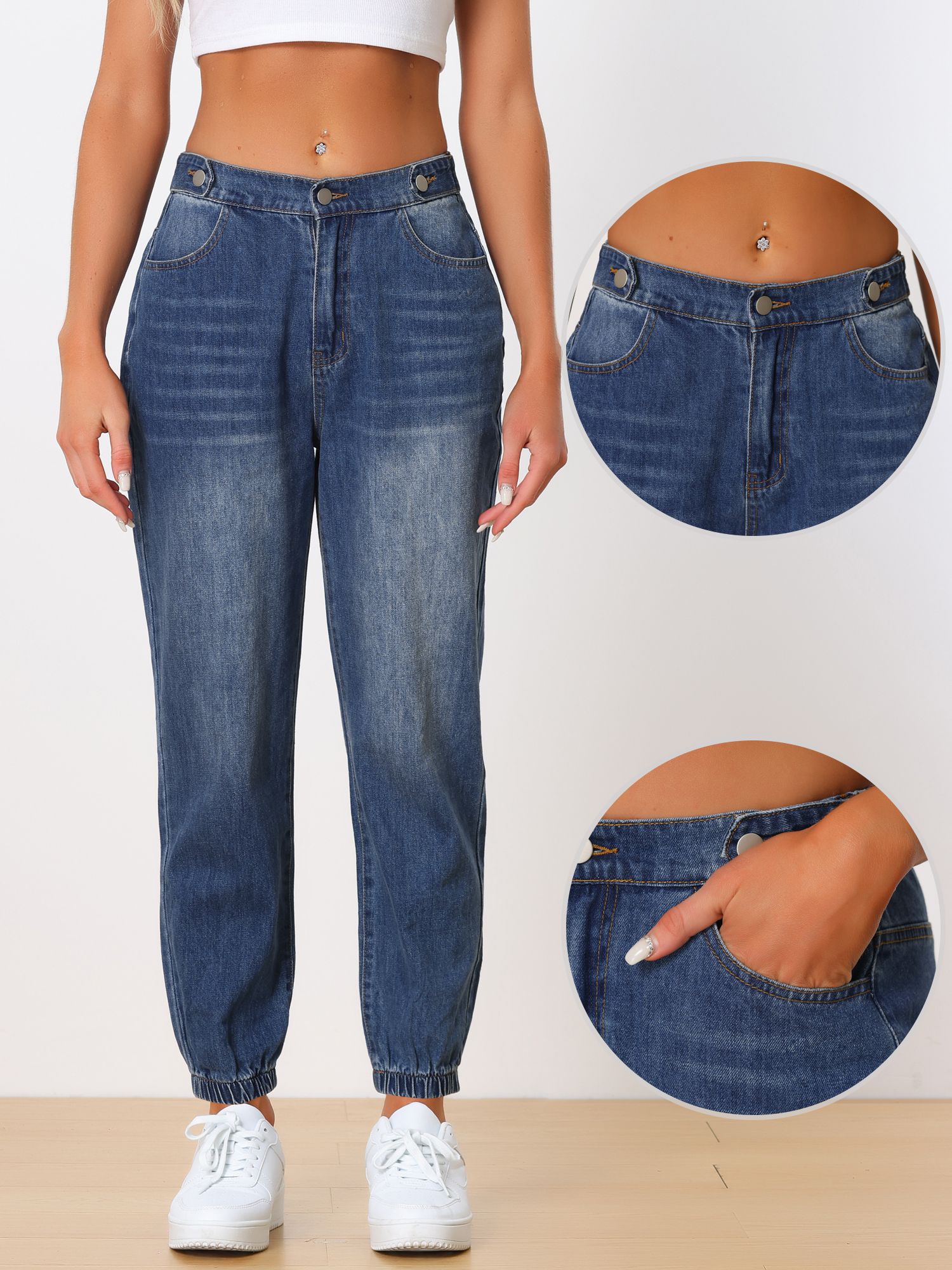 DARING DIVA Women's Jeans Jogger High Waisted Elastic Waist Denim Pants S Blue
