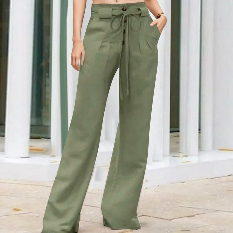 Gubotare Women's Pants Work Lounge Pants Dressy Casual Solid Wide Leg  Elastic High Waist Stretch Pants (Green,L)