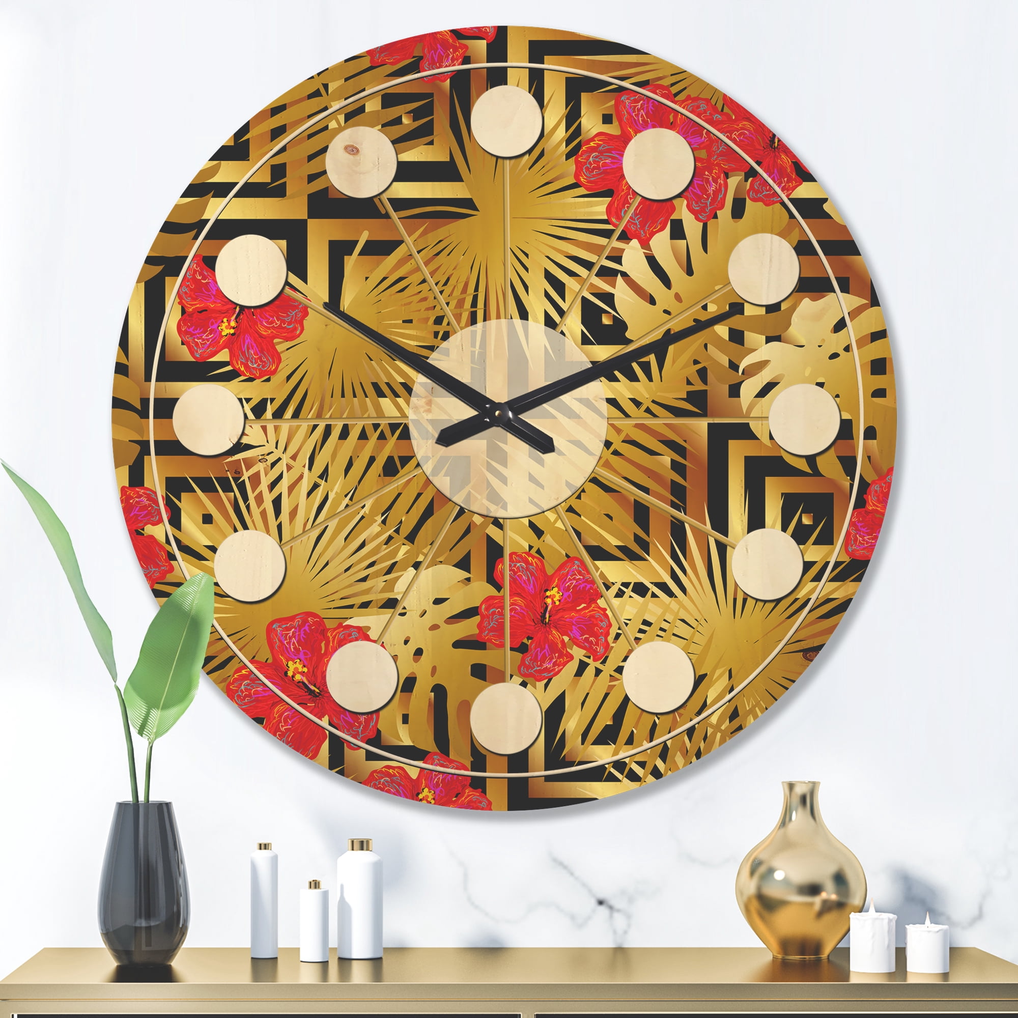 Designart 'Tropical Luxury Gold Pattern I' Mid-Century Modern Wood Wall Clock