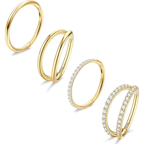4PCS Sparkling CZ & Minimalist Hoop Nose Rings, Nickel-Free Surgical Steel, 18G 8mm/10mm Hinged Segment Rings, Versatile Jewelry for Men & Women
