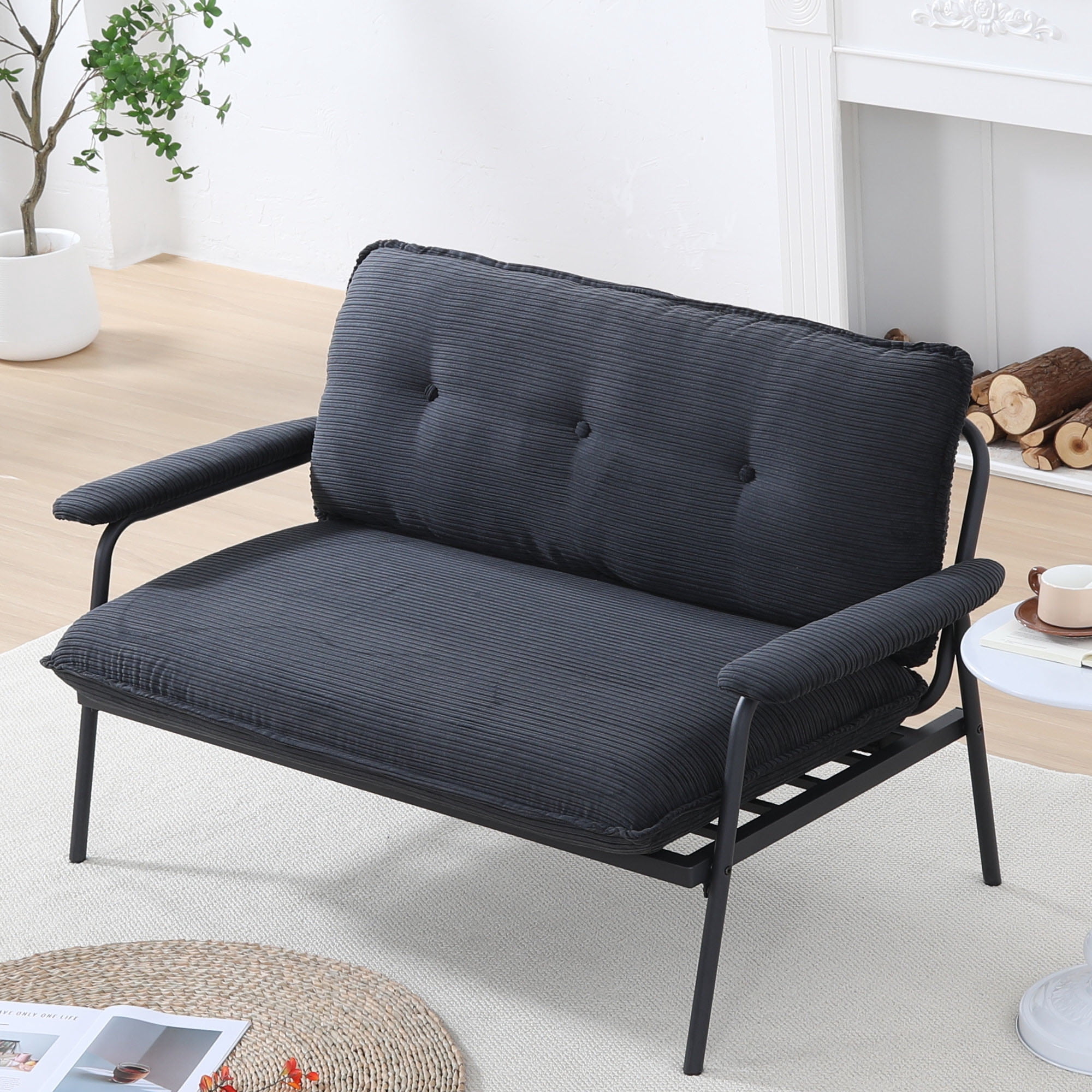 Euroco Striped Upholstered Loveseat with Button-Tufted Backrest and Metal Frame – Compact Modern Sofa for Living Room or Apartment
