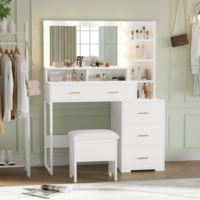 Coiffeuse avec Chaise, Miroir et 3 Modes d'Éclairage, Luminosité Réglable, Lumières pour Chambre