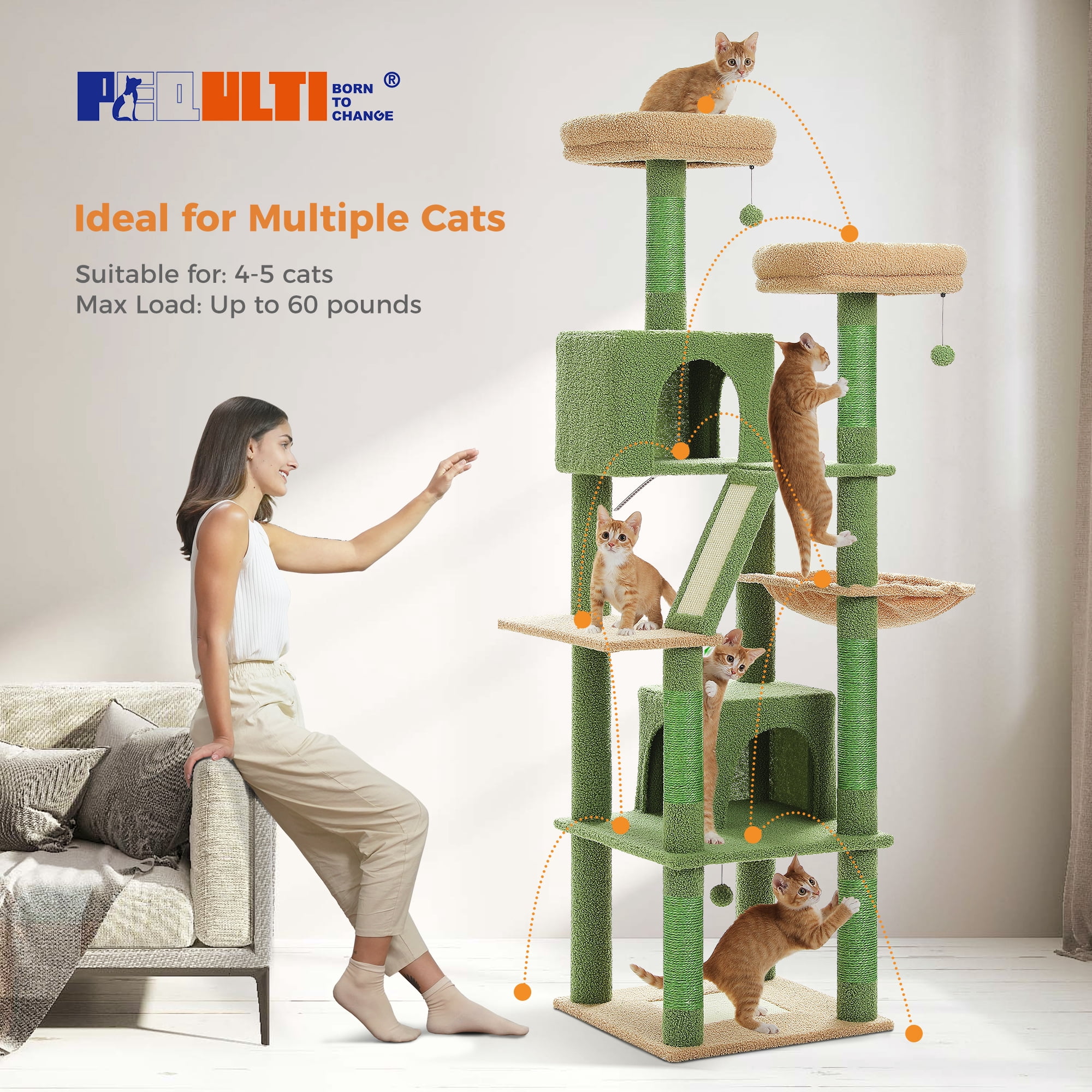 PEQULTI 71 " Cat Tree Tower for Large Cat Condo with Scratching Post Tall for Indoor, Green