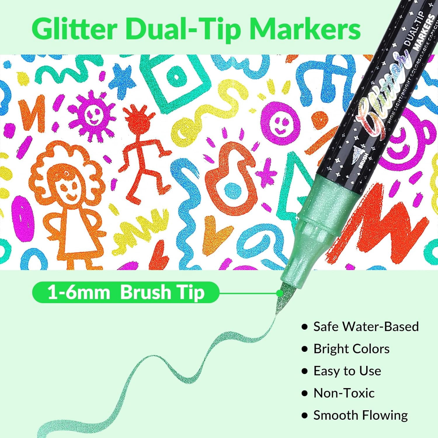 Glitter Effect Brush Marker Set, Dual Tip Pens with Metallic Sparkle for Drawing, Card Making, DIY Crafts & Adult Coloring Books