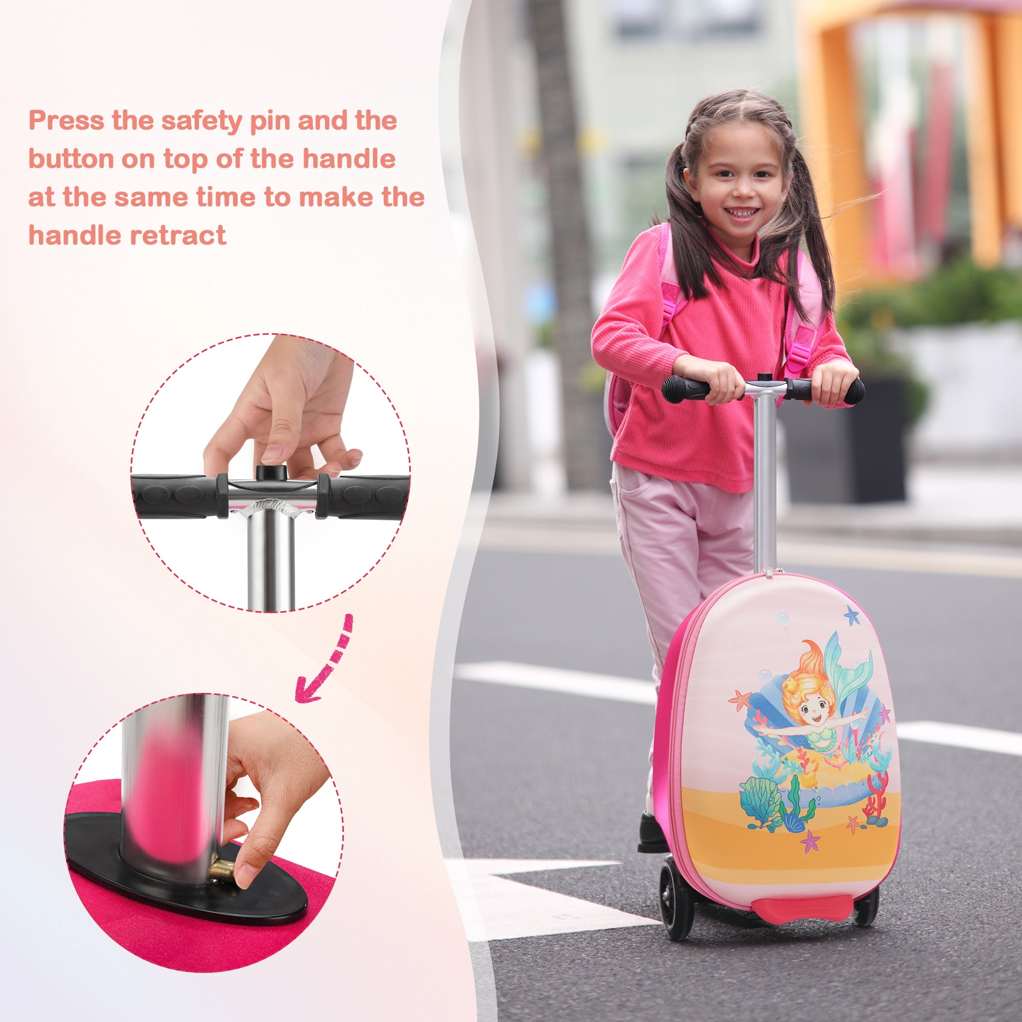 Tobbi Scooter Suitcase, Kid Carry on Luggage Scooter, Children Ride on Luggage for Girls, Pink