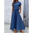 thumbnail image 5 of Women 2 Piece Outfits Skirt Set Summer Casual Cap Sleeve Crop Tops Maxi Dress Sets with Pockets Blue S, 5 of 9