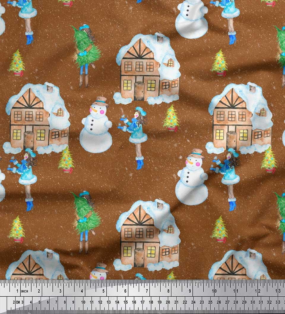 Soimoi Brown Rayon Fabric Snowman,House & Tree Christmas Print Sewing Fabric Yard 42 Inch Wide