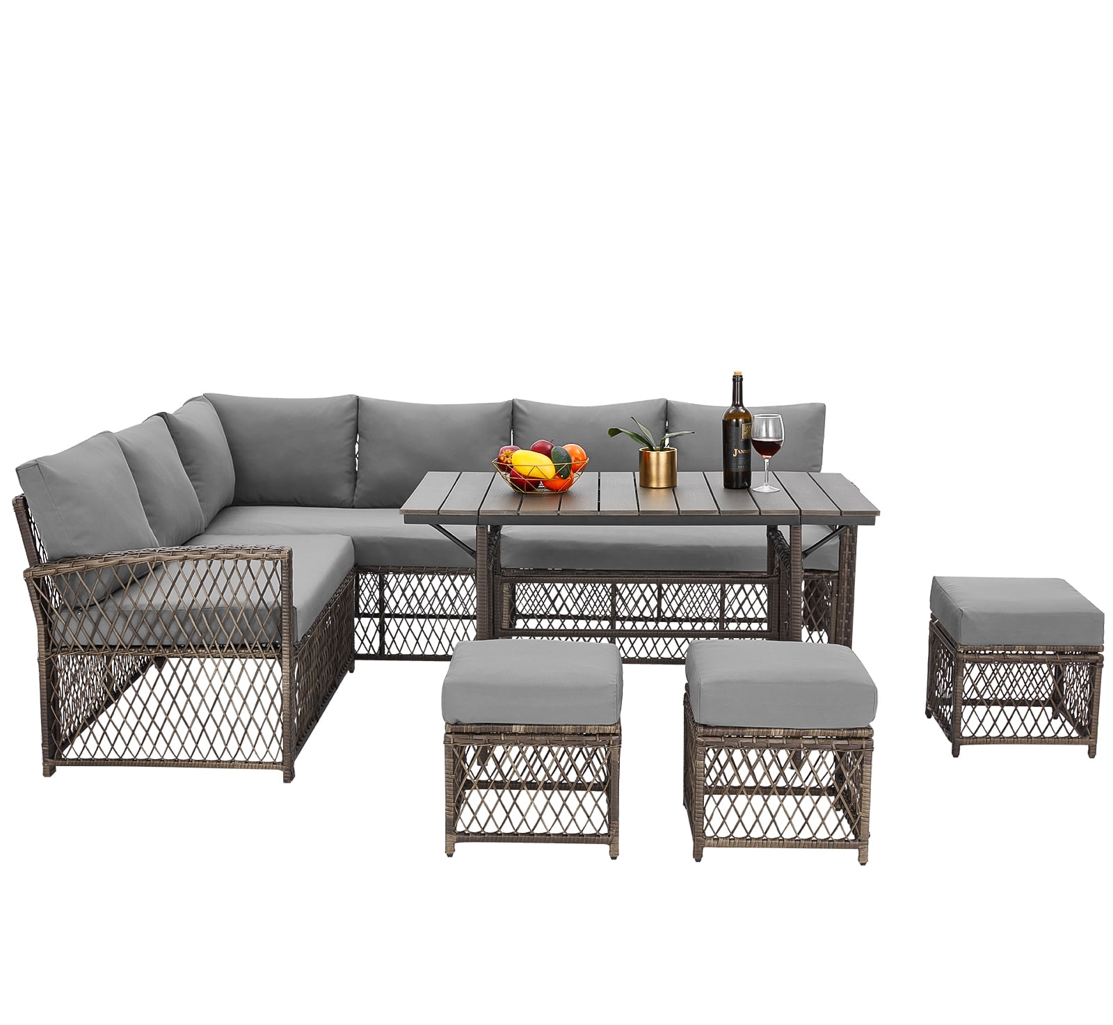 AECOJOY Outdoor Furniture Set, 7-Piece Rattan Wicker Sectional Sofa Couch, Patio Conversation Set with Dining Table & Chair in Gray