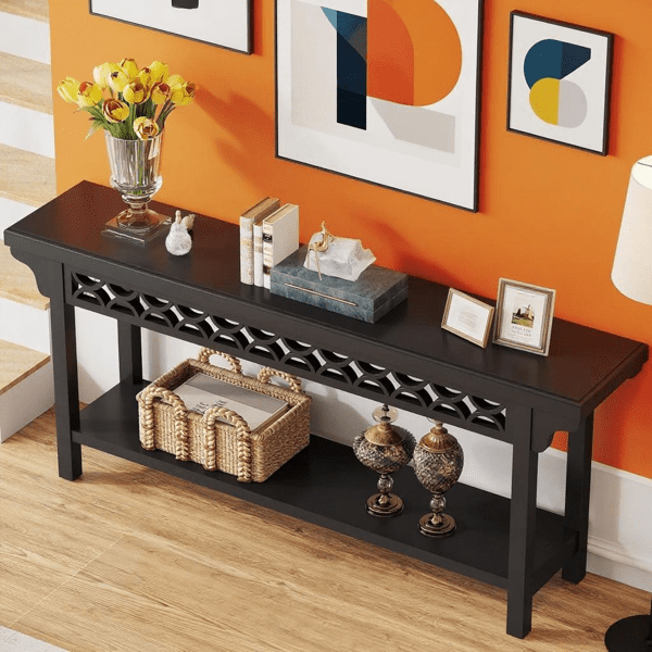 Narrow Console Table - 1.96" Thick Solid Wood, Gray Finish, Adjustable Foot Pads, Versatile Accent Table for Living Room (Behind Couch), Entryway, Hallway