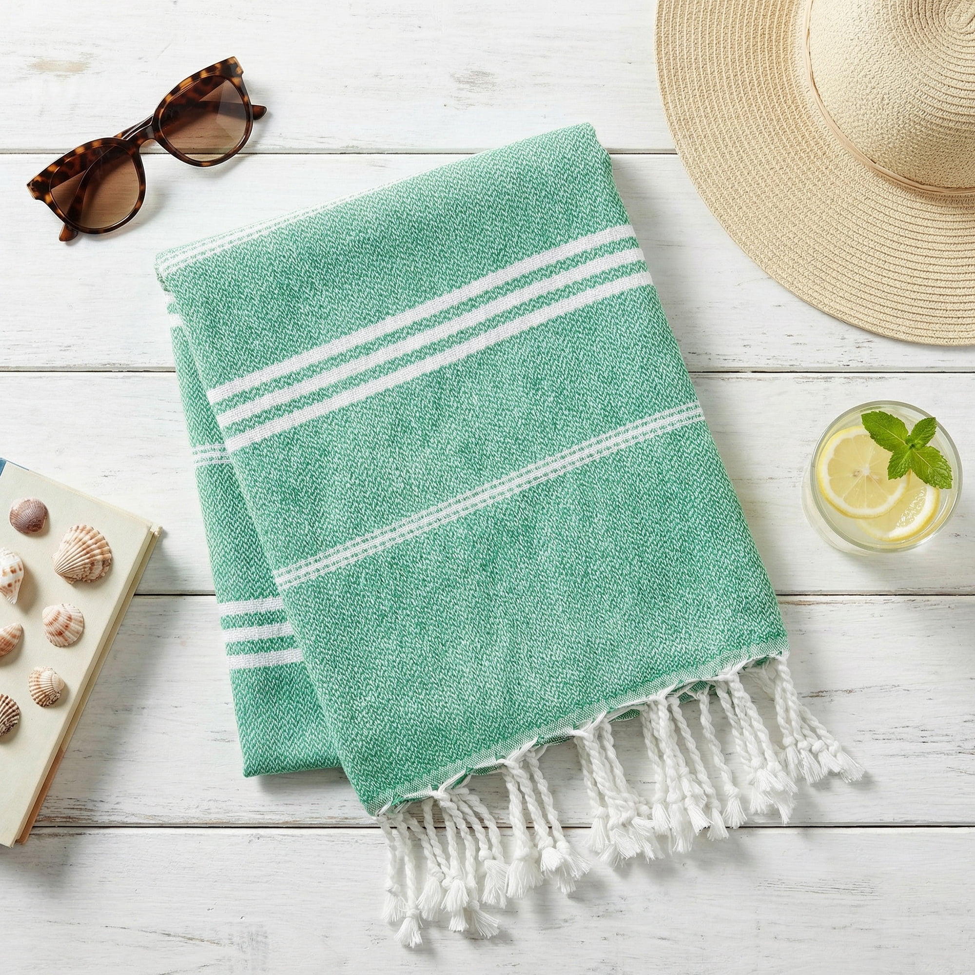 Unique Bargains Stripe Turkish Sand Free Towel 2 Pack Green 71"x35"