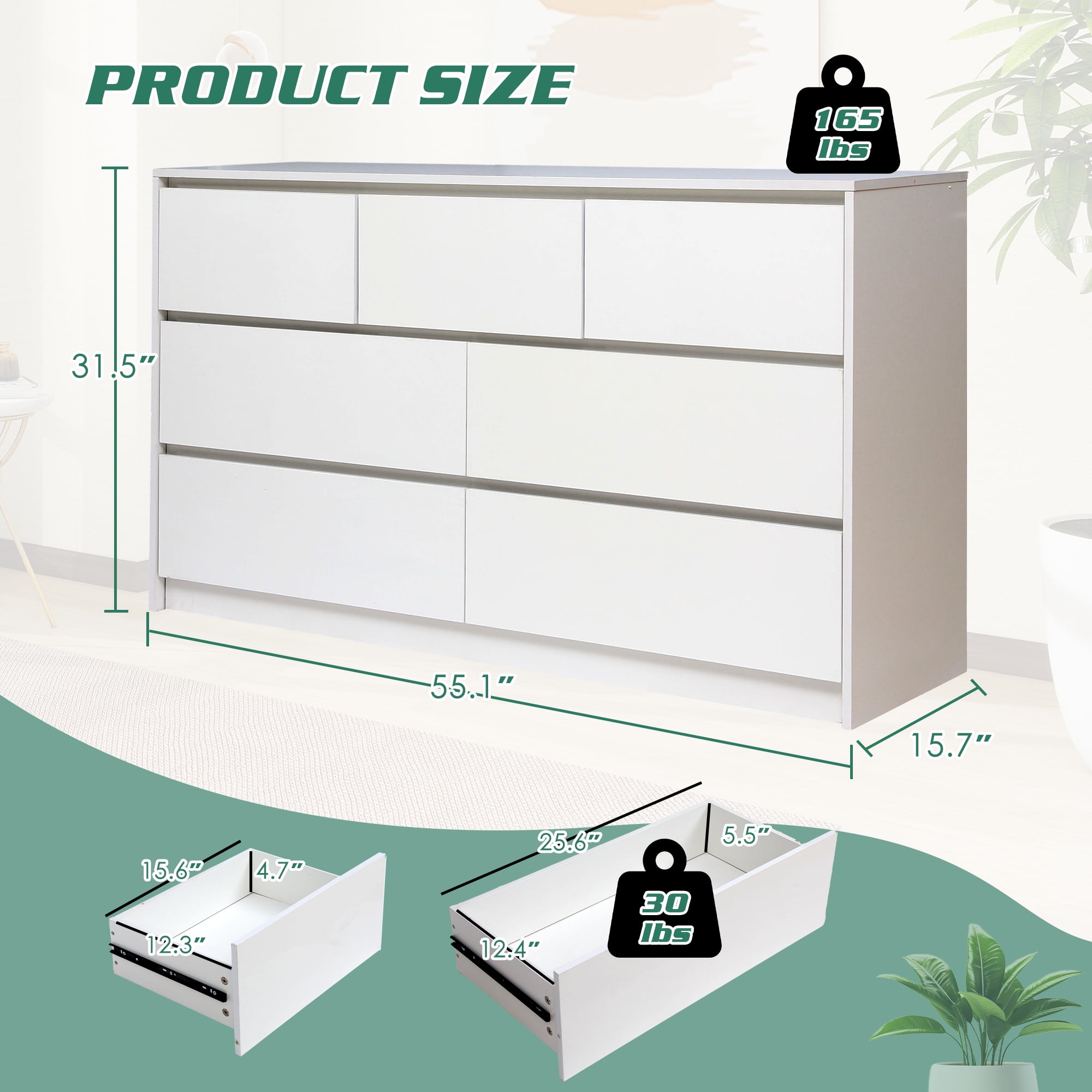 Haverchair 7 Drawer White Dresser for Bedroom, 55 Inch High Gloss Dressers Long Dresser with Deep Drawers, Large Handleless Wooden Dresser Chest Of Drawers for Living Room, Hallway, Entryway