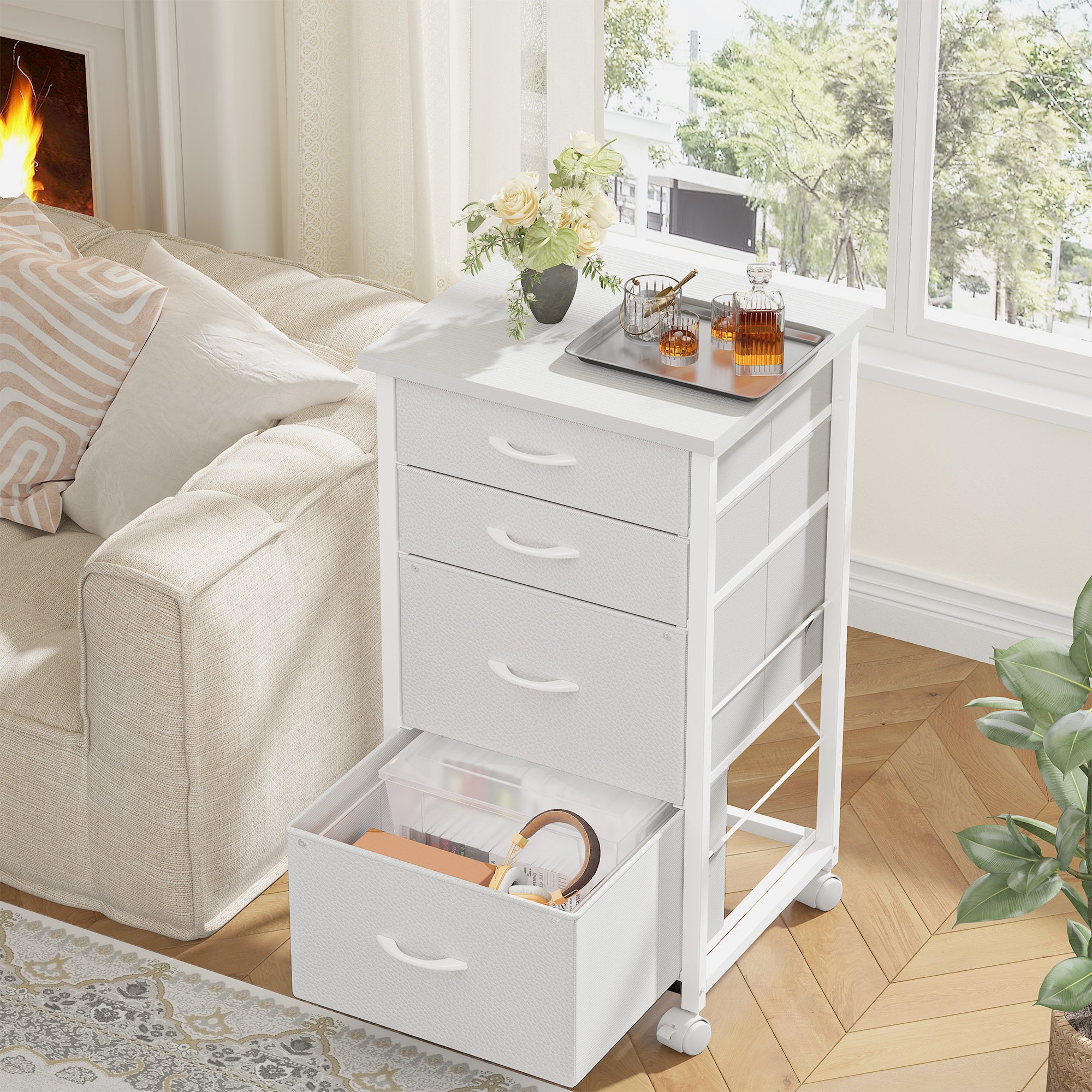 Romorgniz 4 Fabric Drawers Mobile File Cabinet Desk Table Cabinet Fits A4/Letter Size Printer Stand for Home Office，White