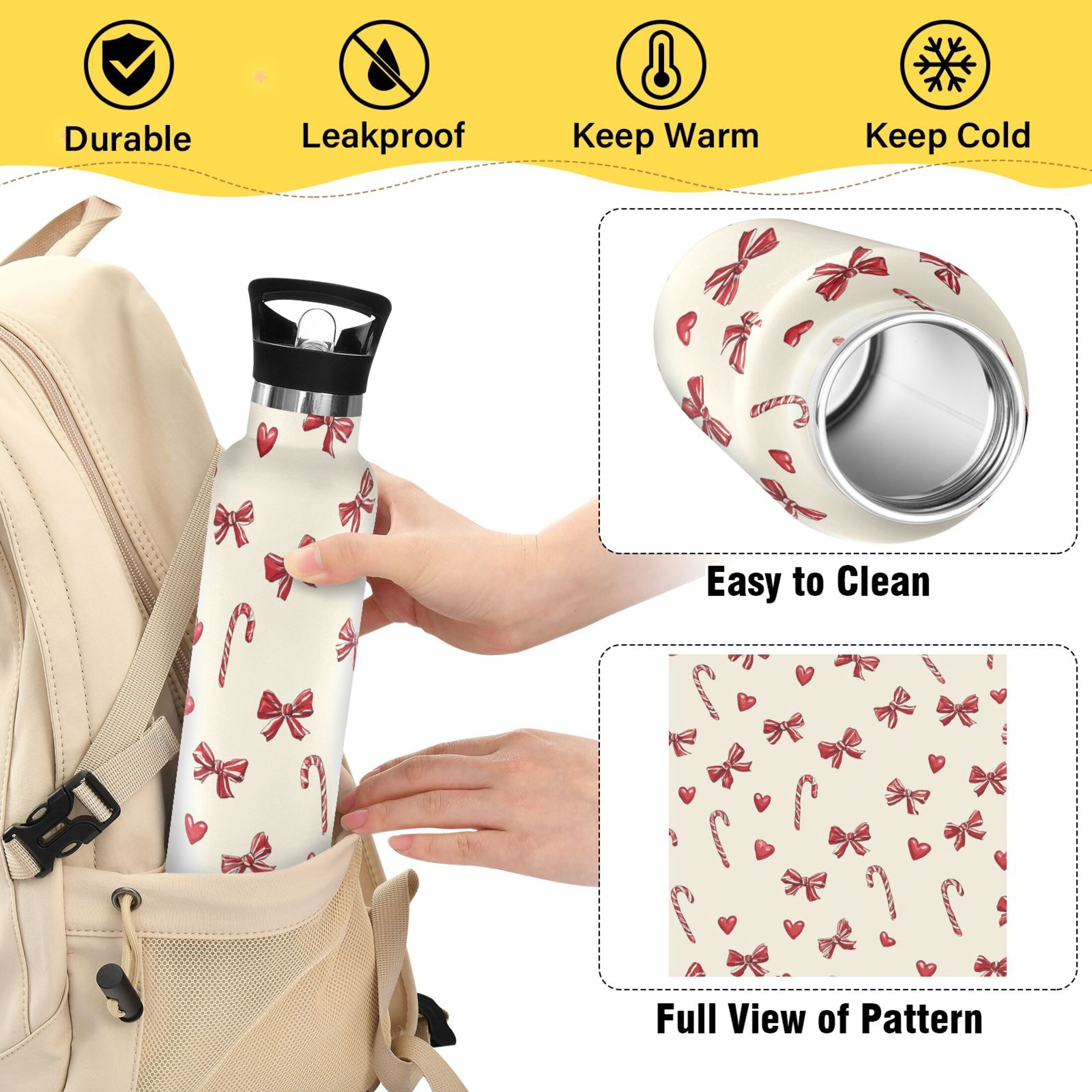 600ML Stainless Steel Insulated Cup Sports Water Bottle Portable Thermos Cup Water Glasses Insulated Tumblers Convenient and Durable Christmas Bow