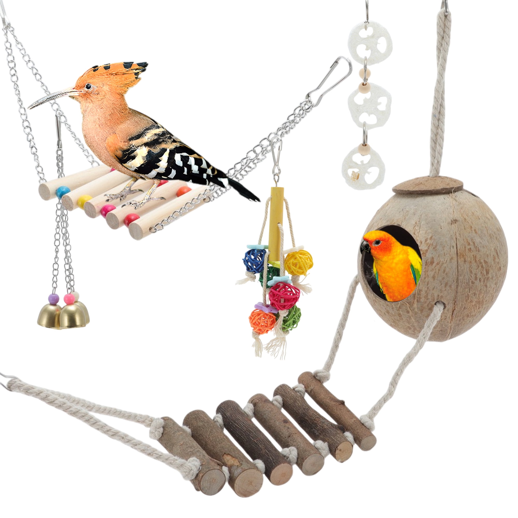 Unique Bargains Cockatiel Toys Bird Toys 6 Pcs Multifunctional Natural Coconut Hideaway with Ladder Swing Hanging Bell Toy Parrot Toys Bird Cage Accessories