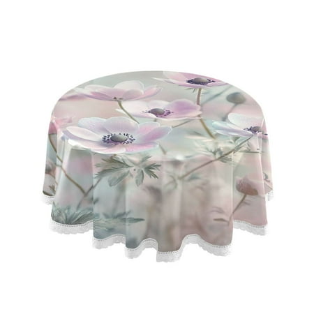

60 Round Tablecloth with White Lace Trim Wrinkle & Heat-Resistant Table Cover for Dining and Home Decor Pink Anemones