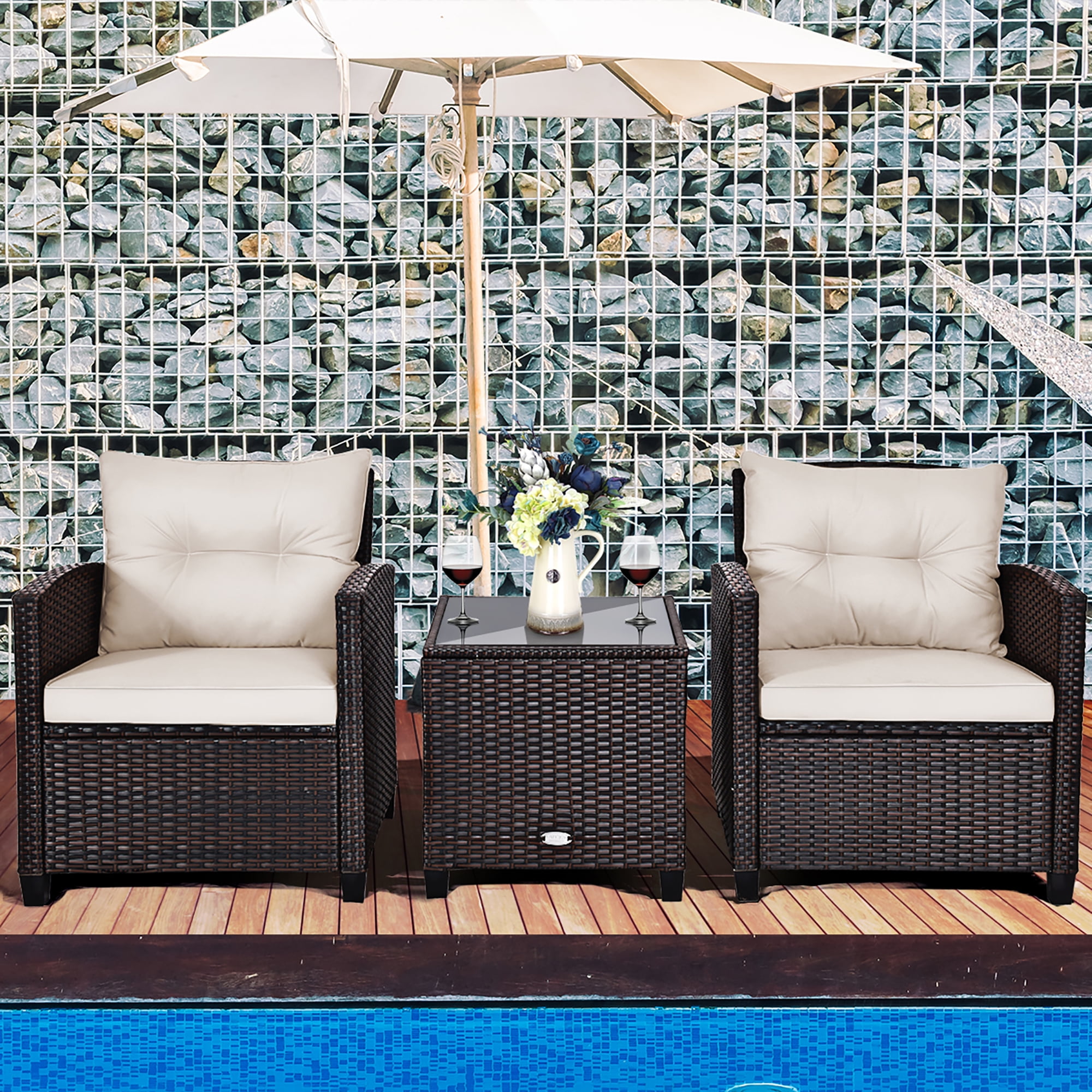 Costway 3PCS Patio Rattan Furniture Set Cushioned Sofa Coffee Table Garden off White