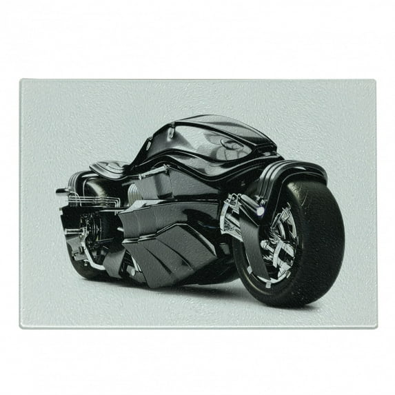 Motorcycle Cutting Board, Futuristic Custom Motorcycle Image High Technology Unique Modern Lifestyle Graphic, Decorative Tempered Glass Cutting and Serving Board, Small Size, Black, by Ambesonne
