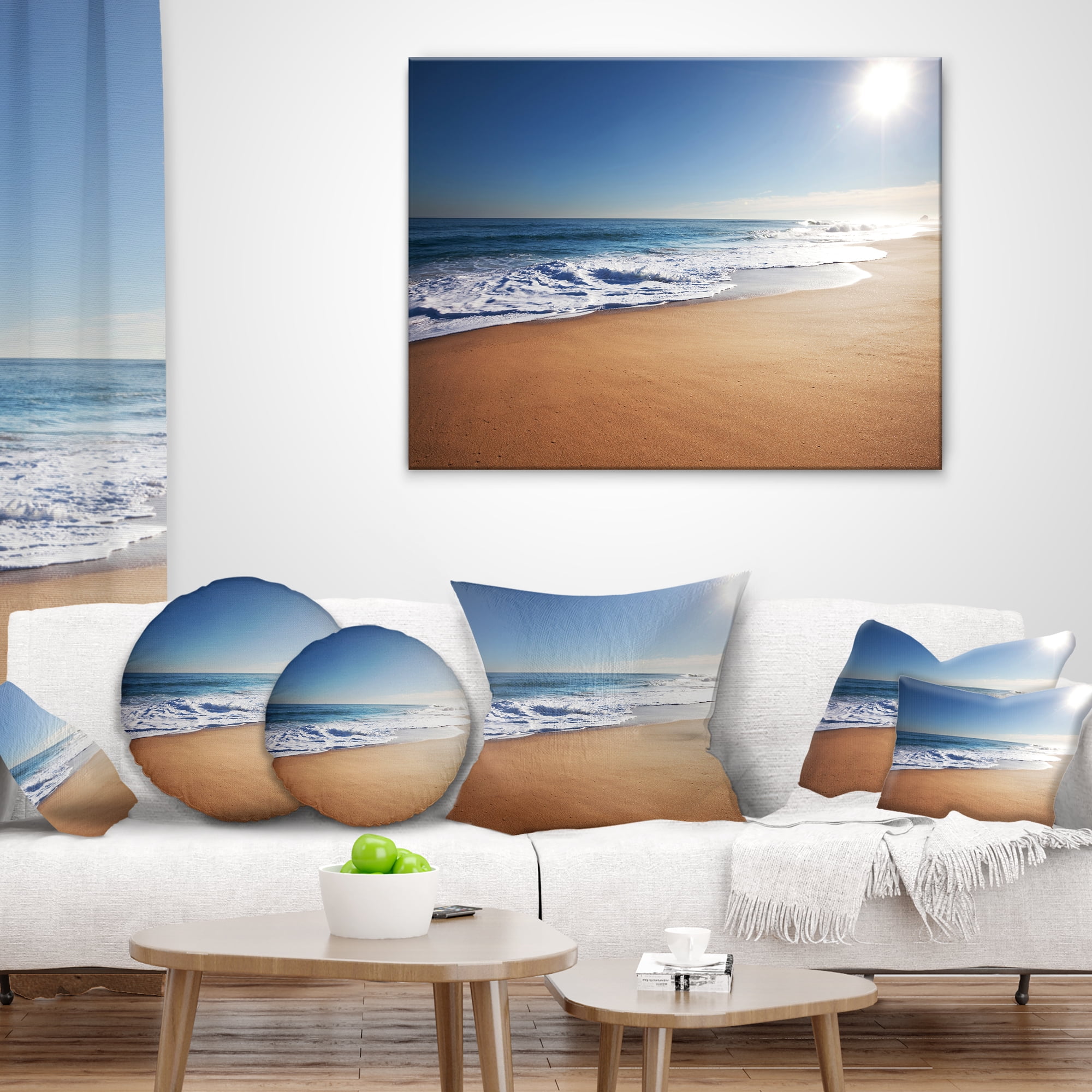 Designart Calm Blue Seashore with White Sun - Seashore Throw Pillow - 12x20