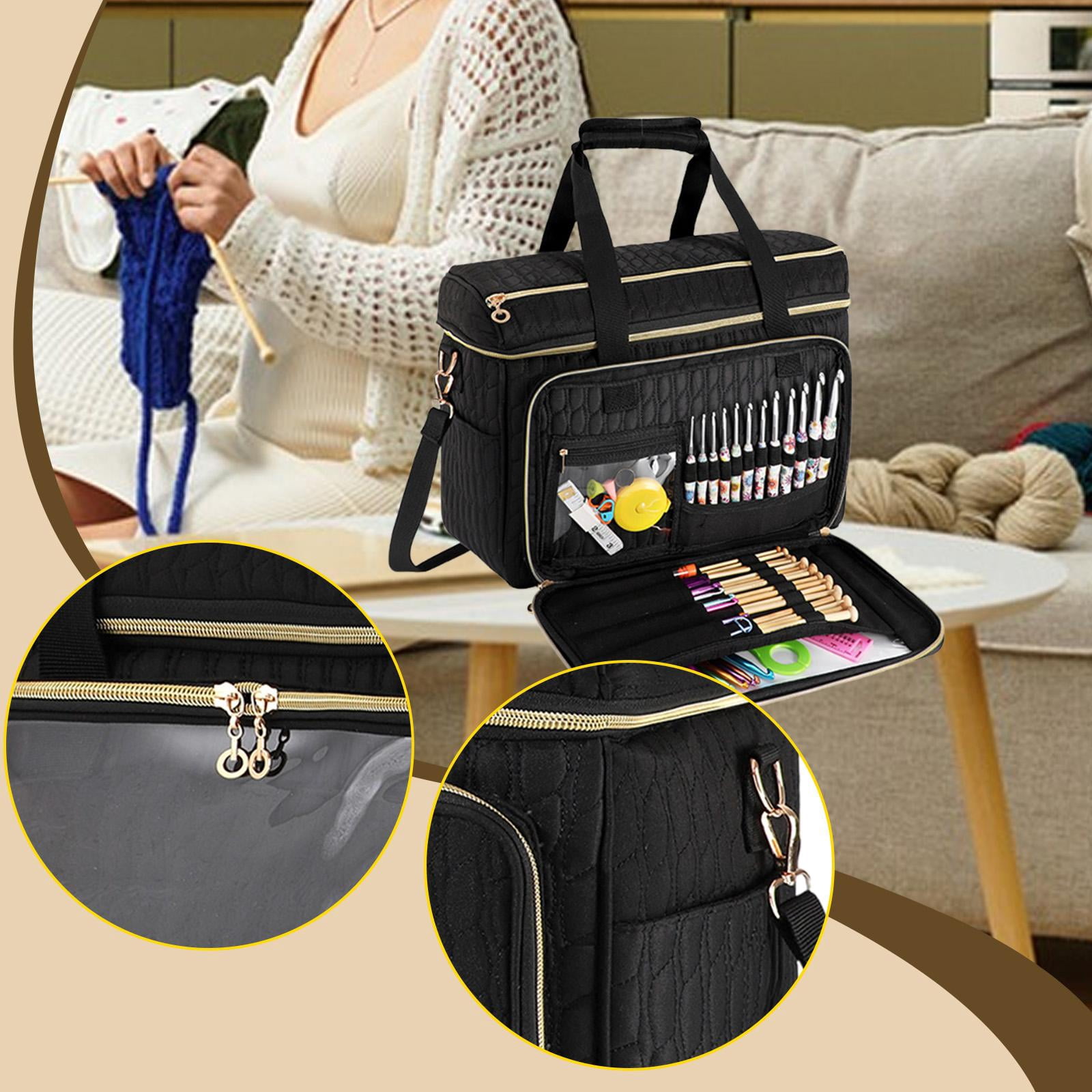 S SERENABLE Yarn Storage Tote Crochet Storage Bag Knitting Organizer Tote Carrying Case Cloth Material with Portable Strap Suitable for Crafters Gift Giving Trave black