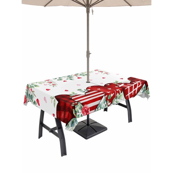Outdoor Tablecloth with Umbrella Hole and Zipper, Valentine's Day Rectangle Table Cloth 60x84 Inch Waterproof Tablecloth, Red Love Heart Eucalyptus Leaves Floral Picnic Table Cover for Patio Camping