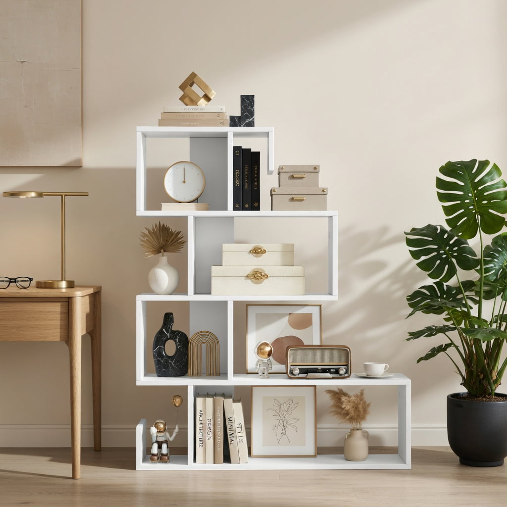 Topcobe 5-Tier S-Shaped Bookshelf Geometric Z-Shelf Bookcase with Open Cubes, Corner Bookshelf Modern Book Case for Books, CDs, Movies, White