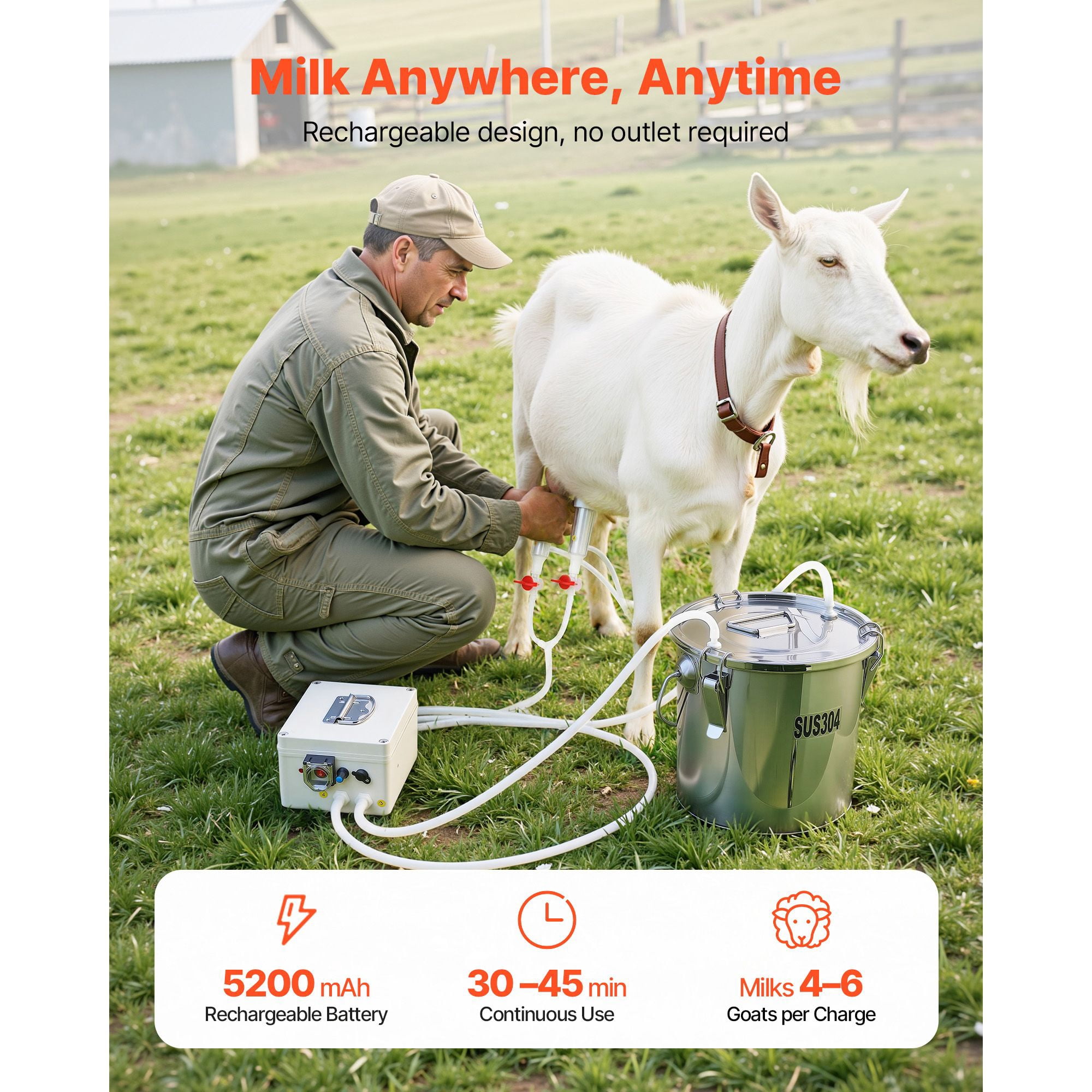 Cordless Goat Milking Machine with 5200mAh Battery, 0.8 Gal Stainless Steel Bucket, 2 Teat Cups, Adjustable Suction 35-45 kPa