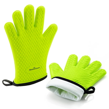 Fire And Ice Grill - BloominGoods Silicone Cooking Gloves | Non-Slip Heat Resistant Oven Mitt & barbecue gloves with Internal Protective Cotton Layer (Green)